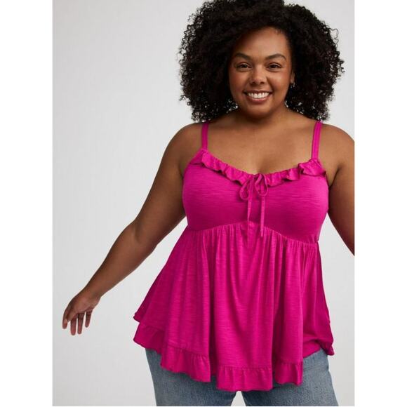 NWT Torrid Super Soft Slub tiered ruffle babydoll top in fushia pink - Picture 1 of 6